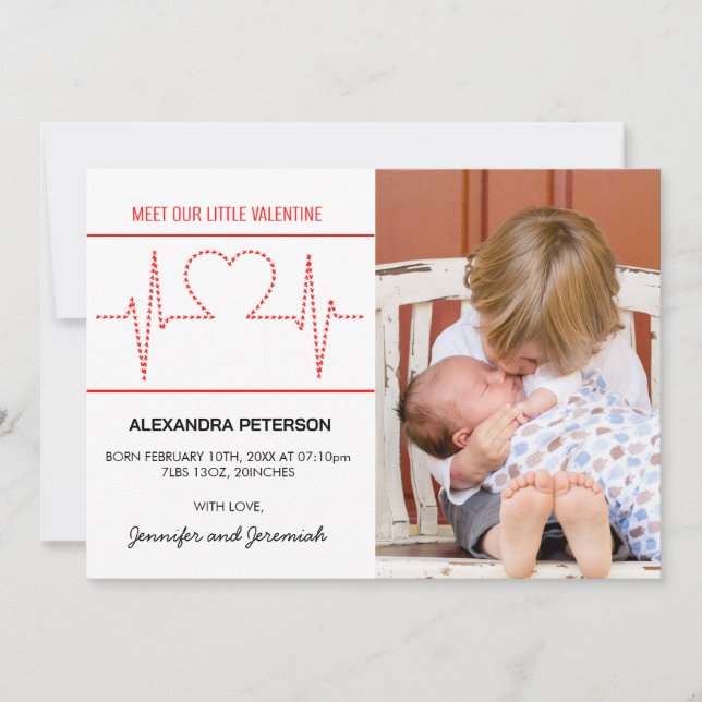 Valentines birth announcement heart beat red white (Front)