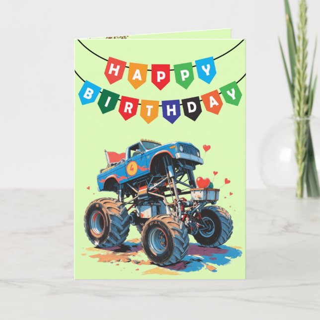 Valentine's Birthday - Monster Truck Thank You Card (Front)