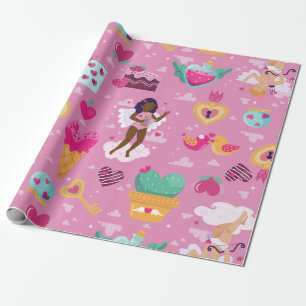 valentines black cherub african angel harp arrow wrapping paper