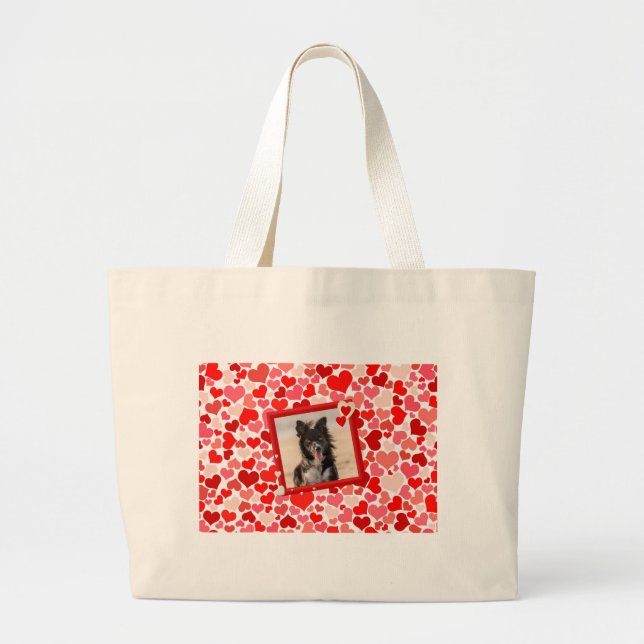 Valentines Border Collie Dog Hearts Large Tote Bag (Front)