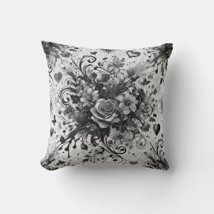 Valentines Bouquet / Rose Splatter Art / B & W Cushion