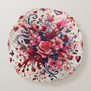 Valentines Bouquet / Rose Splatter Art Round Cushion