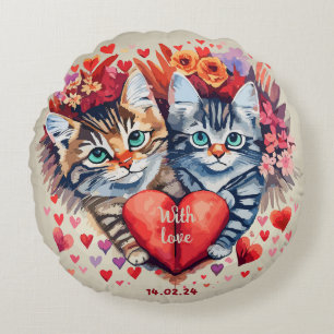 Valentines cats with heart round cushion