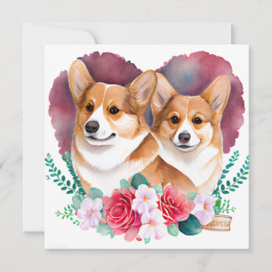 Valentines Corgi Pair, Heart, Flowers, Watercolor  Holiday Card