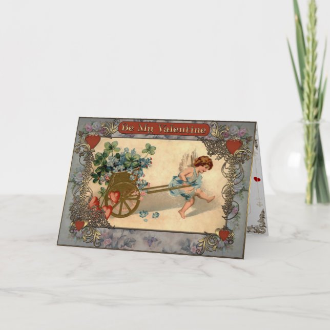 Valentine's - Cupid carries the cart with flowers. Holiday Card (Front)