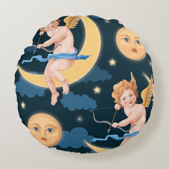 Valentine's cupid, moon: seamless pattern round cushion (Front)