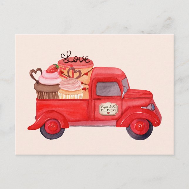Valentine's Cupid's Delivery Red Watercolor Truck Holiday Postcard (Front)