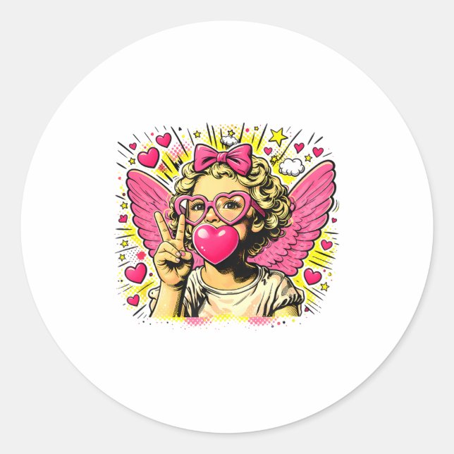 Valentines Cute Cupid Heart Angel Love Holiday Com Classic Round Sticker (Front)