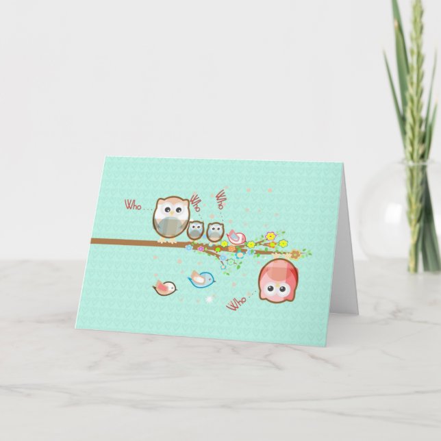 Valentine's Cute Owl Family on a Branch Card (Front)