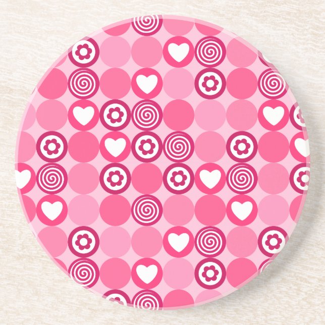 Valentines Cute Pink Heart and Flower Dots Pattern Coaster (Front)