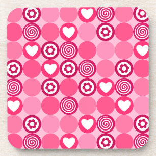 Valentines Cute Pink Heart and Flower Dots Pattern Coaster