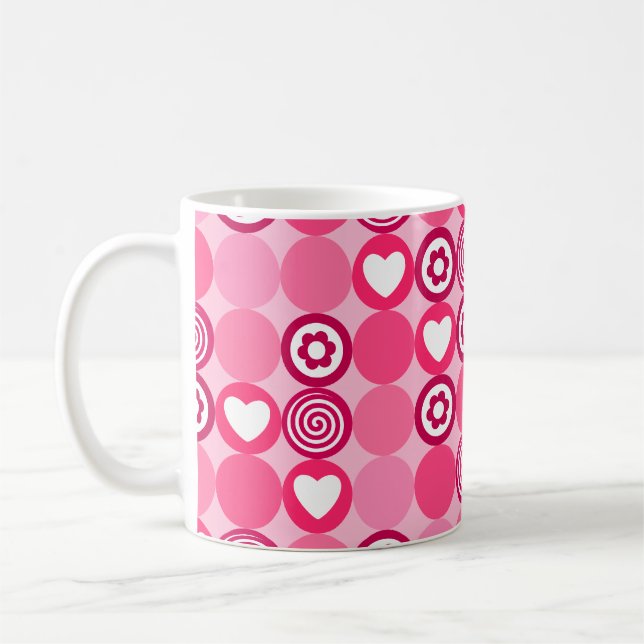 Valentines Cute Pink Heart and Flower Dots Pattern Coffee Mug (Left)