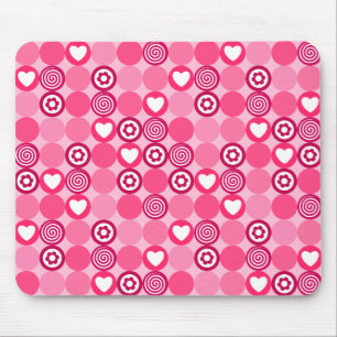Valentines Cute Pink Heart and Flower Dots Pattern Mouse Mat