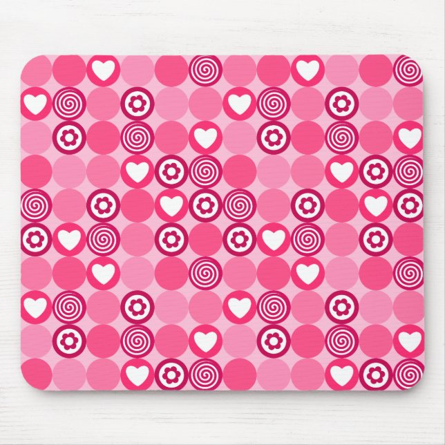 Valentines Cute Pink Heart and Flower Dots Pattern Mouse Mat (Front)