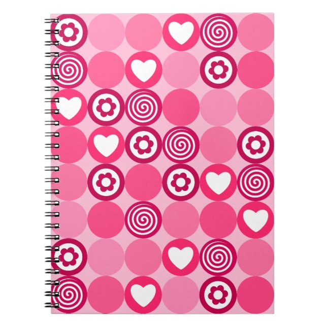 Valentines Cute Pink Heart and Flower Dots Pattern Notebook (Front)