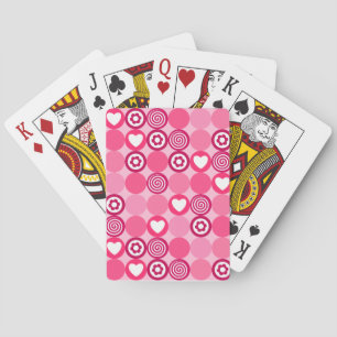 Valentines Cute Pink Heart and Flower Dots Pattern Playing Cards