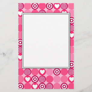 Valentines Cute Pink Heart and Flower Dots Pattern Stationery