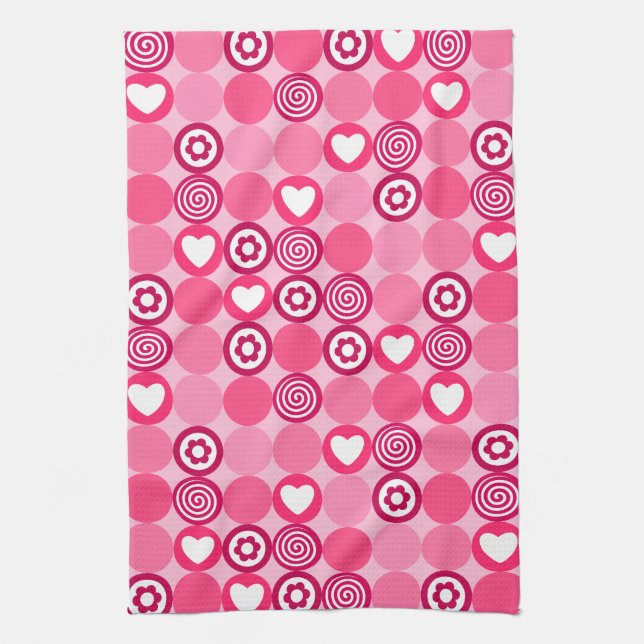 Valentines Cute Pink Heart and Flower Dots Pattern Tea Towel (Vertical)