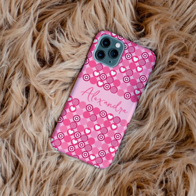 Valentines Cute Pink Heart and Flower Pattern Name Case-Mate iPhone Case (Creator Uploaded)