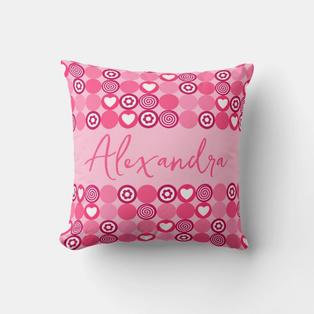 Valentines Cute Pink Heart and Flower Pattern Name Cushion (Front)