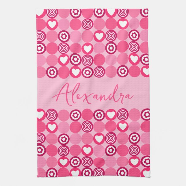 Valentines Cute Pink Heart and Flower Pattern Name Tea Towel (Vertical)