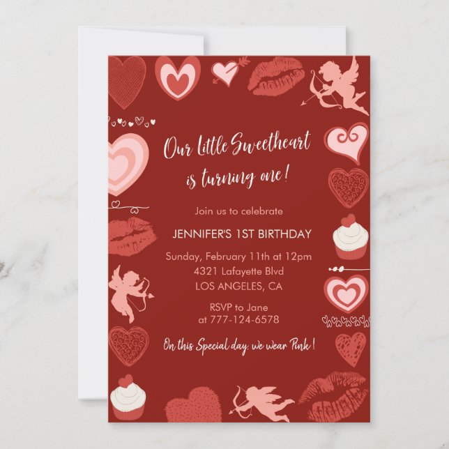 Valentines day 1st birthday February Red Pink Invitation (Front)