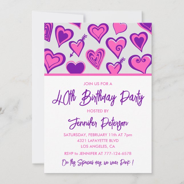 Valentines day 40th birthday invitation pink heart (Front)