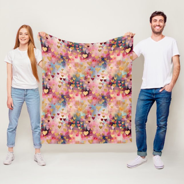 Valentine's Day Abstract Gold Color Hearts Fleece Blanket (In Situ)