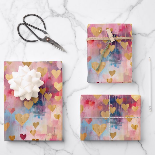 Valentine's Day Abstract Gold Colour Hearts Wrapping Paper Sheet (Front)