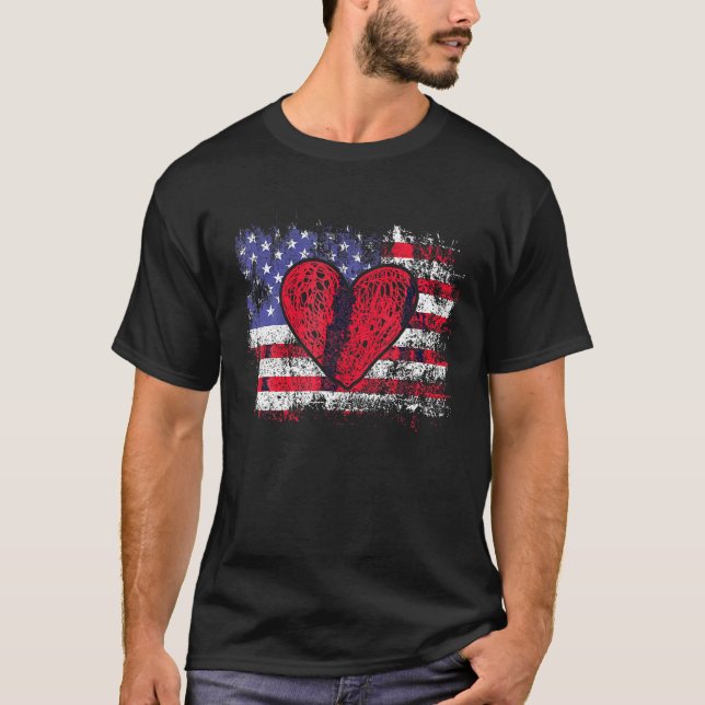 Valentines Day American Flag Red Hearts Us Patriot T-Shirt (Front)