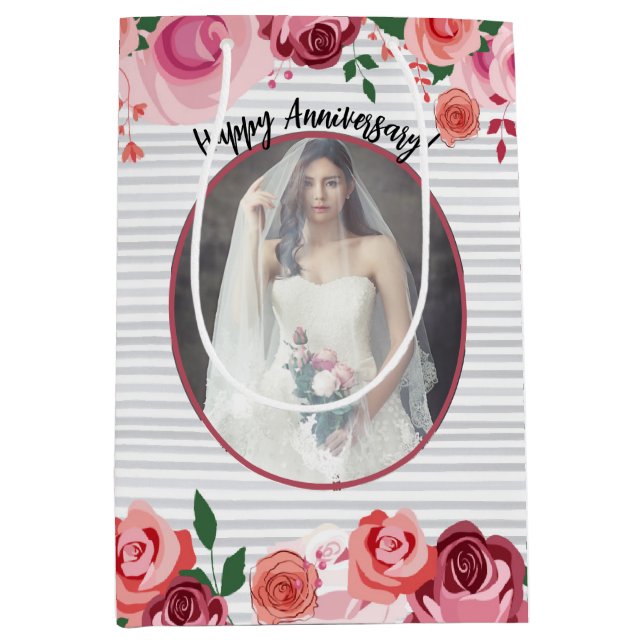 Valentine's Day Anniversary Painterly Roses Photo Medium Gift Bag (Front)