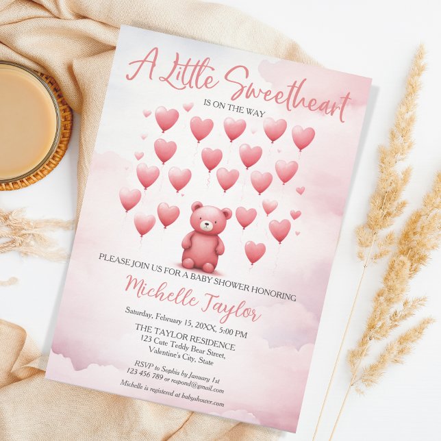 Valentine's Day baby Shower Cute Bear Sweetheart Invitation (pink teddy bear with heart balloons)