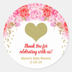 Valentines day baby shower stickers, pink red gold classic round sticker