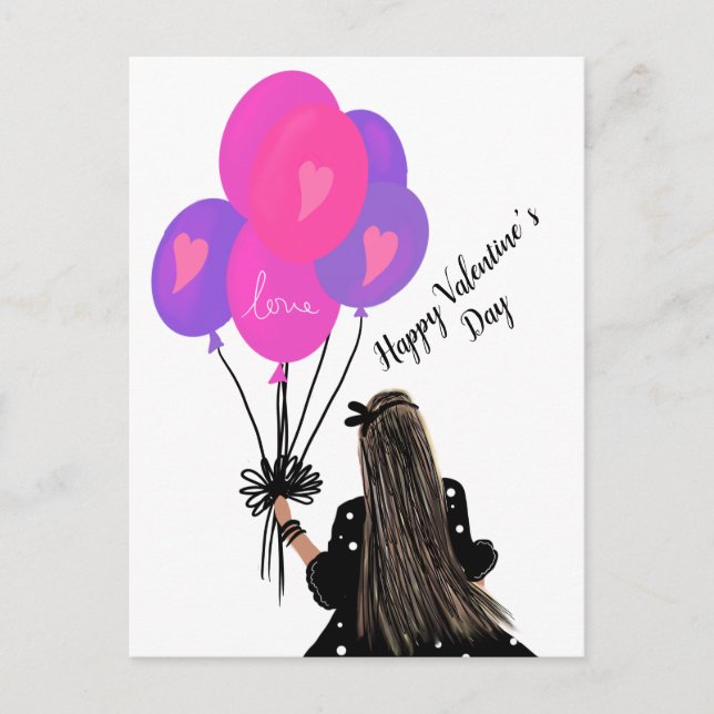 Valentines Day Balloon Chic Girl Illustration Pink Postcard (Front)