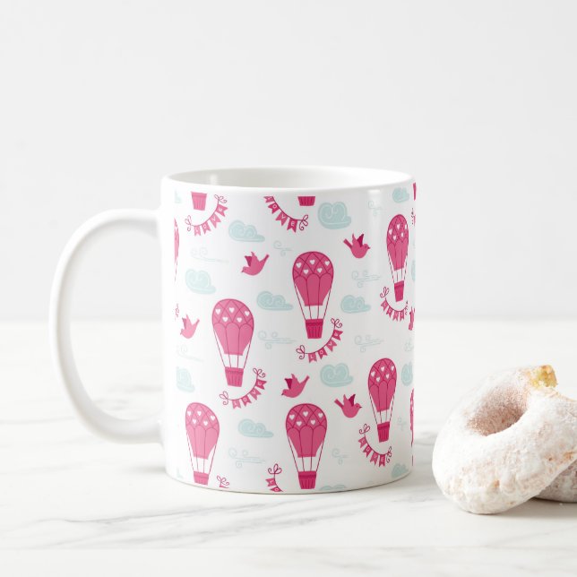 Valentine's Day balloons Birds Love Pink Pattern Coffee Mug (With Donut)