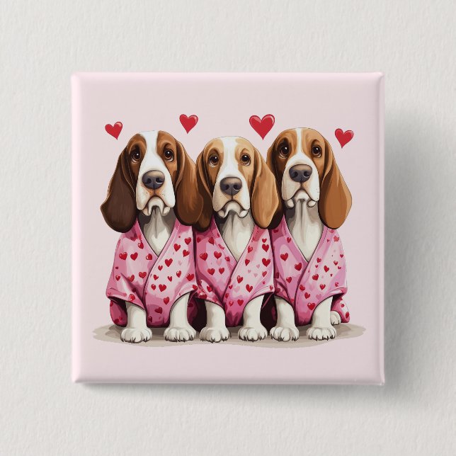 Valentines Day Basset Hound Dogs 15 Cm Square Badge (Front)