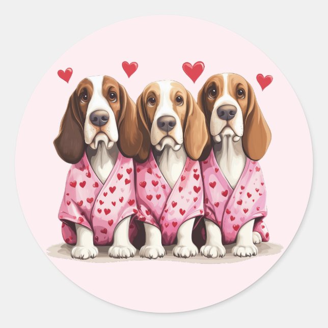 Valentines Day Basset Hound Dogs Classic Round Sticker (Front)