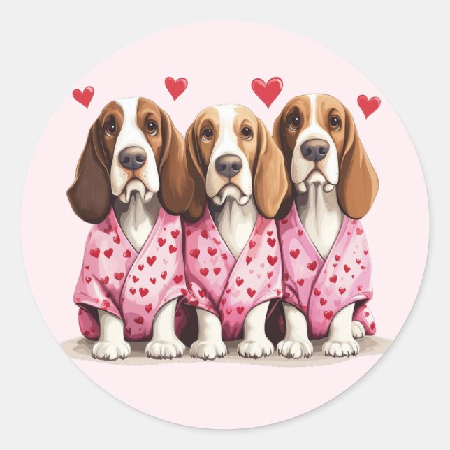Valentines Day Basset Hound Dogs Classic Round Sticker (Front)