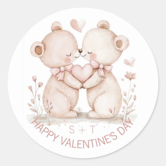 Valentine's Day Bear Couple Custom Initials Classic Round Sticker (Front)
