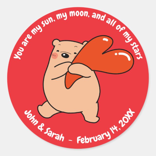 Valentine's Day Bear Heart Classic Round Sticker (Front)