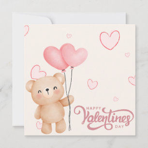 Valentine's Day Bear With Heart Balloon Holiday Card
