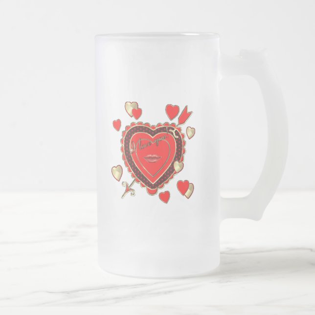 Valentine's Day Beautiful Hearts and Arrow Frosted Glass Beer Mug (Right)