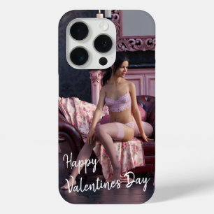 Valentine's Day Beauty in Lingerie on the Couch iPhone 15 Pro Case
