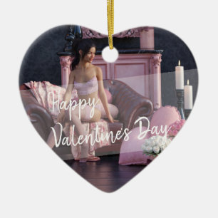 Valentine's Day Beauty in Lingerie on the Couch Ceramic Tree Decoration