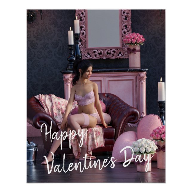 Valentine's Day Beauty in Lingerie on the Couch Poster (Front)