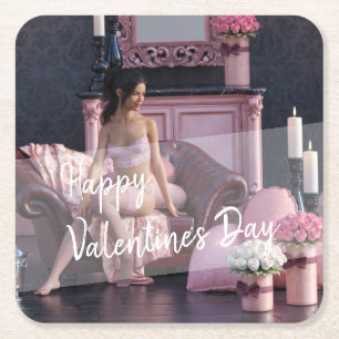 Valentine's Day Beauty in Lingerie on the Couch Square Paper Coaster