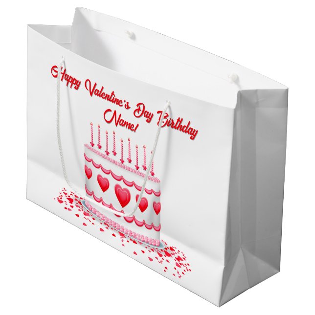 Valentine's Day Birthday Cake Customizable Candles Large Gift Bag (Front Angled)