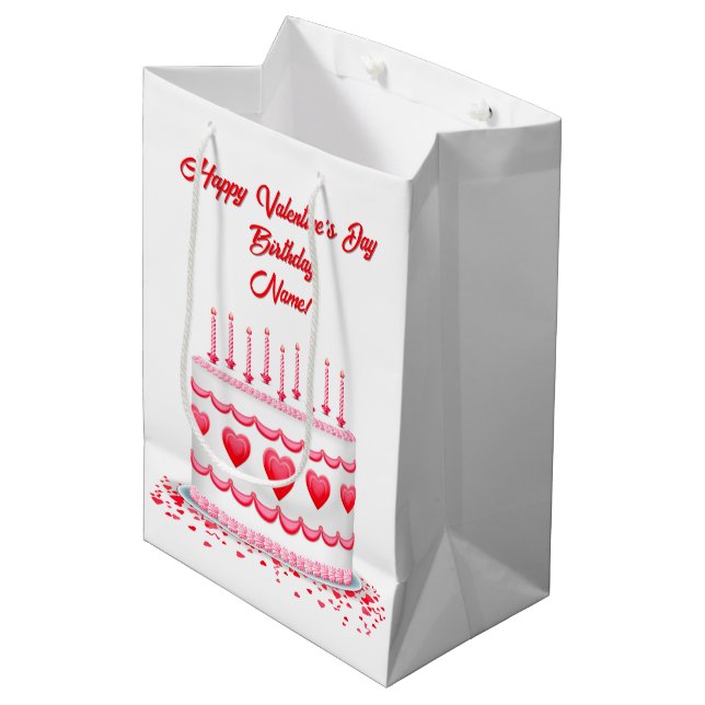 Valentine's Day Birthday Cake Customizable Candles Medium Gift Bag (Front Angled)
