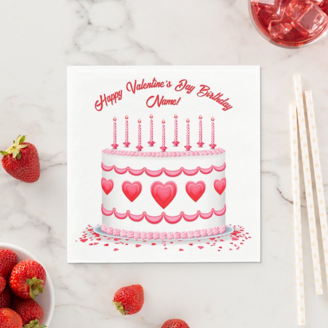 Valentine's Day Birthday Cake Customizable Candles Napkin (Insitu)