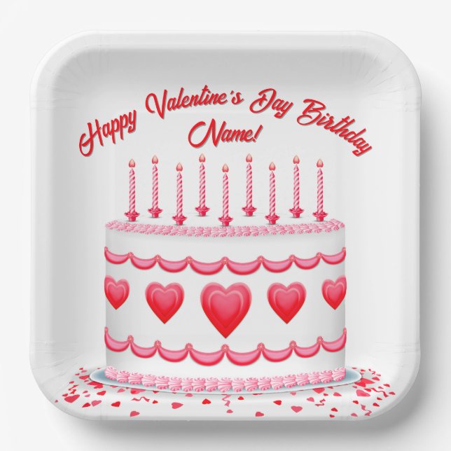 Valentine's Day Birthday Cake Customizable Candles Paper Plate (Front)